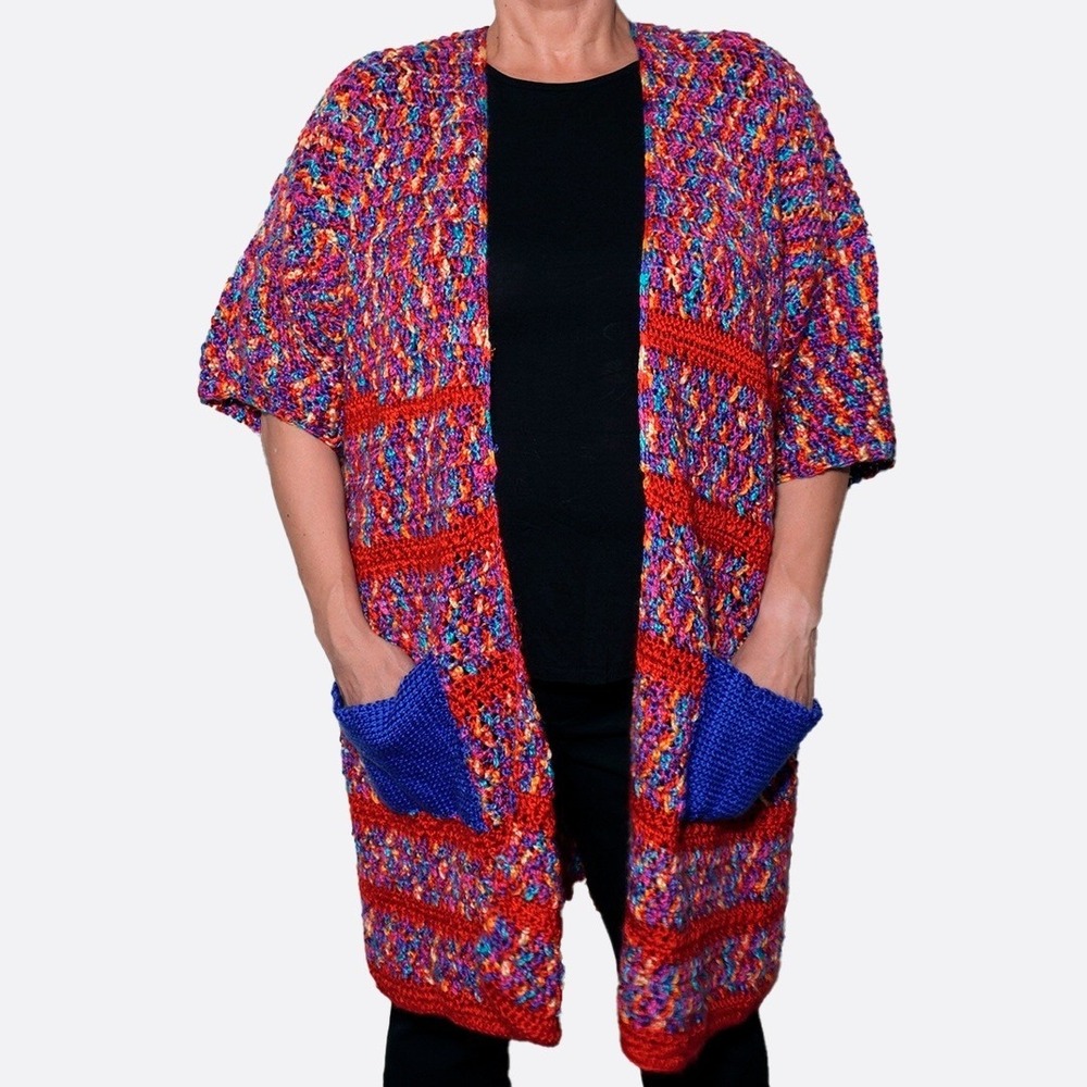 Handmade Chunky Crochet Kimono Cardigan Multicolor Patchwork Plus Size 1X 2X 3X